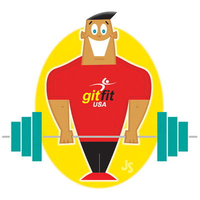 illustration of character spokesman for GitFit USA, athlete, weights, trainer, exercise, african american, weightlifter, muscles, gym, greeting card