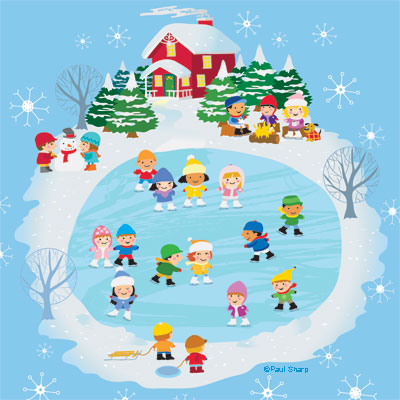 illustration of A winter holiday ice skating party where children skate while others build a snowman or sit by the fire and warm up with hot chocolate. A path leads to a cozy red victorian house.
A decorative cozy vector illustration.