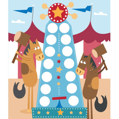 illustration of This is a children's game board/activity sheet consisting of two quirky looking horses playing a 'test your strength' game at a carnival. 

Animal, animals, games, carnival, cartoon, animation, horse, charter development, character design, children's books, cartoon, games,  board games, activity, children, children's books, book illustration, book covers, game design, editorial, design, cartoon, 2d, flat graphic, vintage.