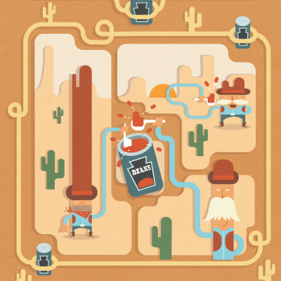 illustration of chapter designs for baked beans advertising poster. beans, food , advert, poster, games, charter design, cowboy, cowboys, food, eat, western, flat, graphic . retro, style, stylised. 