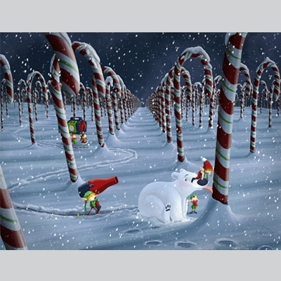 illustration of There is an emergency in the candy canes field. But no worries, the elves are ready for it... as it’s a recurring event... who can resist tasting fresh candy canes? That being said you should never attempt it: candy canes grow only in the high Arctic where it’s super cold so your tongue will stick to it garantied!

Illustration - Procreate - 2020

Art for kids, storytelling, character design, e-learning, Children illustration, kids book, 