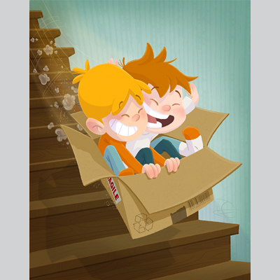 illustration of It's always fun to visit the cousins, they always have such great ideas...  Like using a cardboard box to go down the stairs!

Illustration - Procreate - 2020
Art for kids, storytelling, character design, e-learning, Children illustration, kids book, 