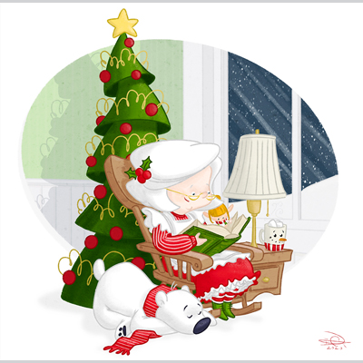 illustration of Mrs Claus is looking at her cooking book with Missy to figure out which recipe will she do next.

Illustration - Procreate - 2020

Art for kids, storytelling, character design, e-learning, Children illustration, kids book, 