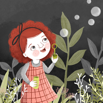 illustration of A young girl blowing bubbles outdoors.