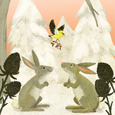 illustration of A pair of bunnies in the snow with a goldfinch bird holding mistletoe.