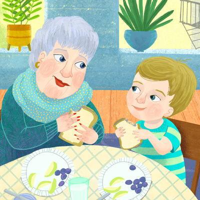 illustration of A boy eating peanut butter and jelly sandwiches with his grandma.