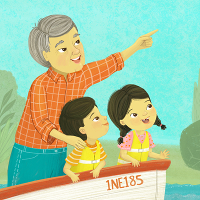 illustration of Two kids boating with their grandfather.