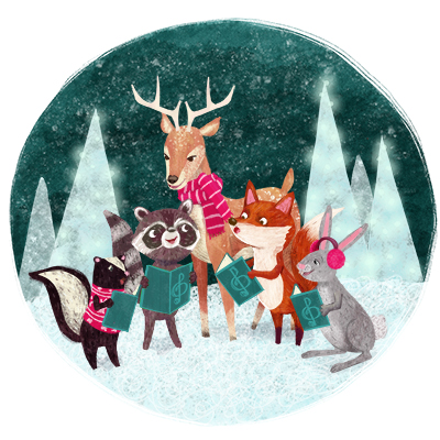 illustration of A group of animals including a skunk, fox, and skink singing carols outside in the starlight on a snowy night.