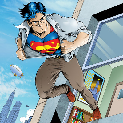 illustration of DC Comics superhero Superman, rushing to save the day! 