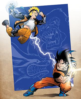 illustration of Anime characters Naruto and Goku engaging in a friendly sparring match