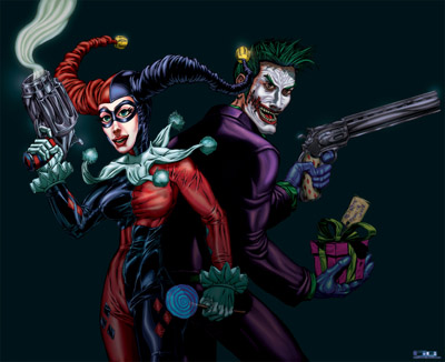 illustration of Fan art of DC Comics The Joker & Harley Quinn. Both are character prominently featured in Batman comics.