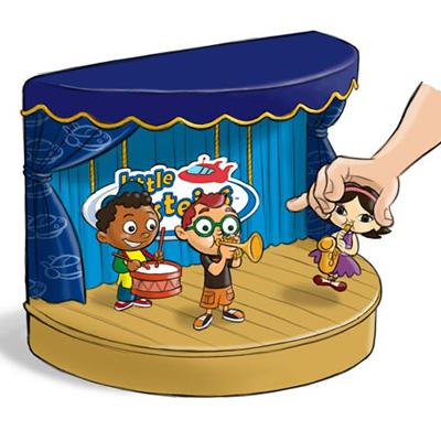 illustration of Concept sketch for proposed educational toy. Characters play music when they come in contact with a magnet under the stage.