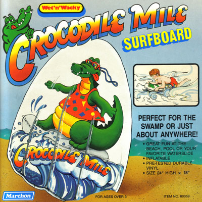 illustration of Crocodile Mile inflatable surf board illustration for ad layout and packaging