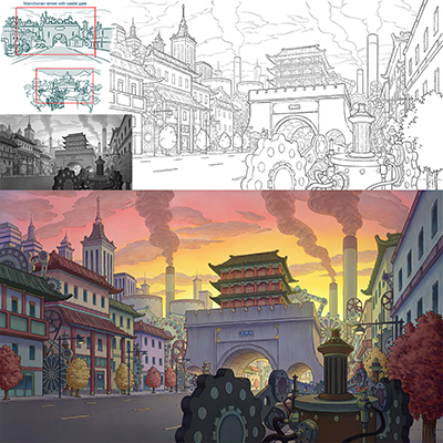 illustration of Environment design for Reversed Front: Bonfire video game. See more of my background design work this game on my website.