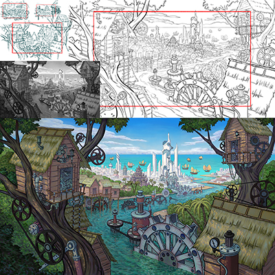 illustration of Environment design for Reversed Front: Bonfire video game. See more of my background design work this game on my website.