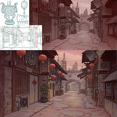 illustration of Environment design for Reversed Front: Bonfire video game. See more of my background design work this game on my website.