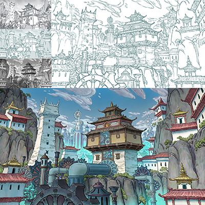 illustration of Environment design for Reversed Front: Bonfire video game. See more of my background design work this game on my website.