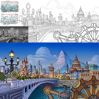 illustration of Environment design for Reversed Front: Bonfire video game. See more of my background design work this game on my website.