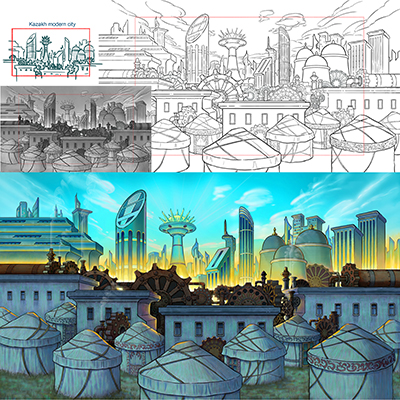 illustration of Environment design for Reversed Front: Bonfire video game. See more of my background design work this game on my website.