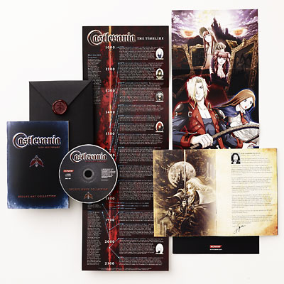 illustration of Package design for Castlevania 20th Anniversary Retail Gift-with-Purchase Promotion, 
including art book, music cd, poster and timeline 

(This package received a Gold Award at the Association of Electronic Interactive Marketers 2007 MI6 Competition in the “Retail Gift-with-Purchase Promotion” category). This package was called the “possibly the best pre-order incentive ever” by digitalsomething.com.
