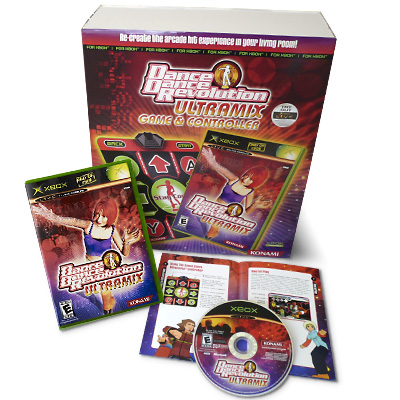 illustration of Package design for Dance Dance Revolution Ultramix, including box bundle with game and controller.