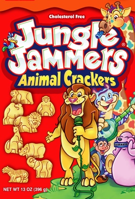illustration of This is the front panel illustration and design for a box of Jungle Jammers Animal Crakers for Save-A-Lot grocery stores.
