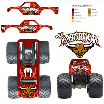 illustration of We were asked to redesign the El Matador monster truck for Mattel's Monster Jam toy line. The only direction given was flames and a bull. We designed and came up with lettering/logo, bull head, flames & colorway.