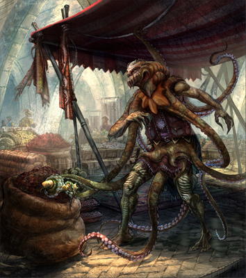 illustration of Half Octopus Thief was created for and won a CHOW (character of the week) weekly forum contest on ConceptArt.org.  It was on display at Gallery Lombardi's Radical Nautical Exhibit, August 2-September 1, 2007 in Austin, TX.  