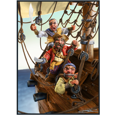 illustration of Pirate collection. 3D character sculpts set in a diaorama.