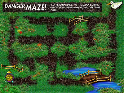 illustration of This interactive activity involves a maze which brings great delight to the child, due to whimsical sounds, noises, bells, beeps and whistles. In this activity, the child moves and clicks on the curser to move Ferdinand, the duck, through the maze to the clock. 