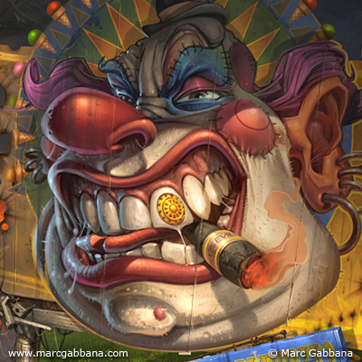illustration of Maniacal cigar-chomping Evil Clown.