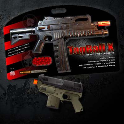 illustration of Second Generation Tag Ball guns. Fires velcro balls at high rate of speed (ages 14+) Toy design/engineering/branding/packaging. 
