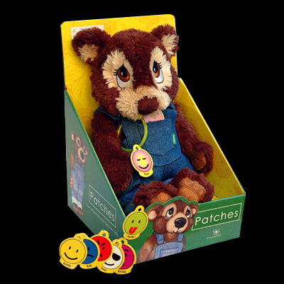 illustration of Plush toy design, packaging and branding for Patches the Bear.