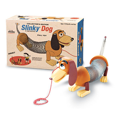 illustration of Our award-winning package for the famous Slinky Dog pull toy. We reviewed archival artwork from the 40's and 50's and created the illustrations with an appropriate retro feel.