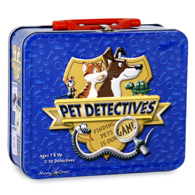 illustration of Dozens of pets have been lost! Race against other pet detectives to locate them. Find the most pets and you win the game! Final package was released both in a box and in a tin box as shown here. 