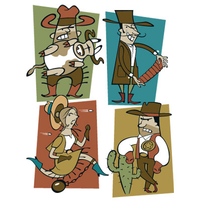illustration of (clockwise from upper left: Cattle Rustler, Card Shark, Bad Lawman & Jail Break) these and 5 other characters were developed for the playing faces of a fast-paced western themed card game.