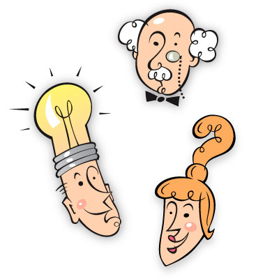 illustration of These brainy folks appear on the front of a challenging word game where players create synonyms, antonyms and homonyms.