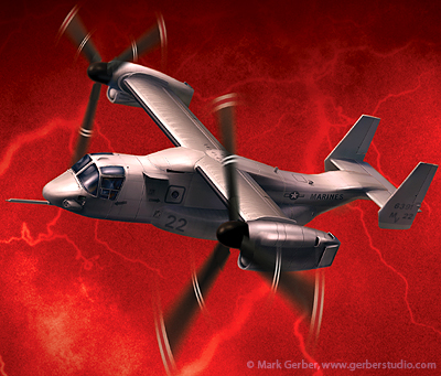 illustration of The V-22 Osprey tilt-rotor flies through a storm.