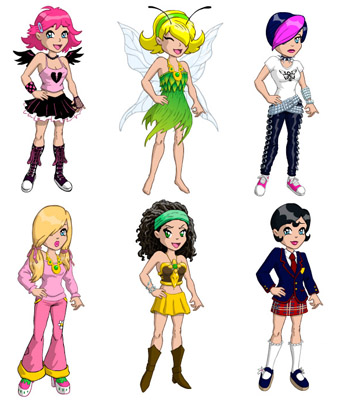 illustration of Flash avatars created for for a social networking site in 2008. Users could customize their avatars, and earn new items by interacting with the site. Avatars & clothing items were first sketched in pencil, the inked and colored directly in Flash.