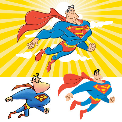 illustration of Three different stylistic explorations of how Superman could be presented for greeting card product.