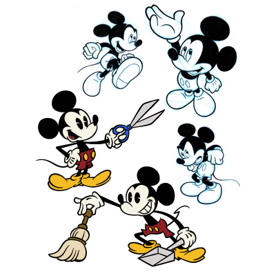 illustration of Vector Mickeys in the new animated style, sketched Mickeys in the traditional style