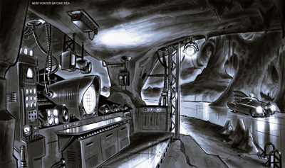 illustration of A design for a 1950s-era Batcave, created for Warner Brothers' direct-to-video animated version of Darwyn Cooke's 