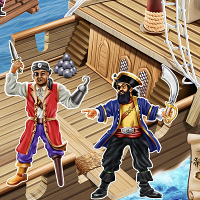 illustration of Part of a set of magnetic cut-out pirates and scenery.