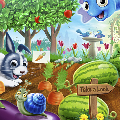 illustration of Boxed game cover, sides and board game itself illustrated or Forrest-Pruzan's game - Discovery Garden.