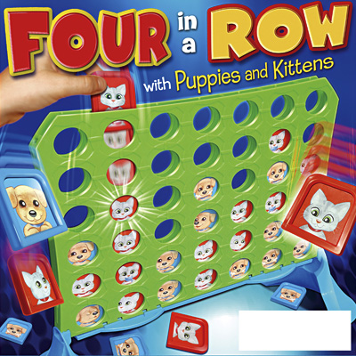 illustration of Game box cover artworked for Four in a Row - Puppies & Kittens edition.