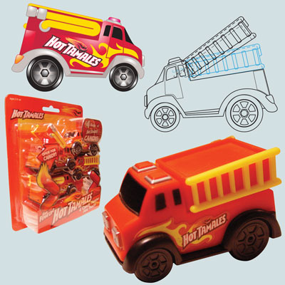 illustration of Hot Tamales party favor fire truck concept, design and packaging