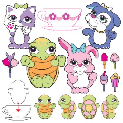 illustration of Pretty Petz figure design, illustration, turn-arounds