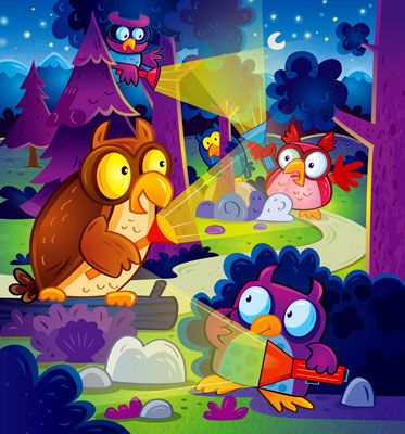 illustration of OWLS PLAYING FLASHLIGHT TAG AT TWILIGHT
