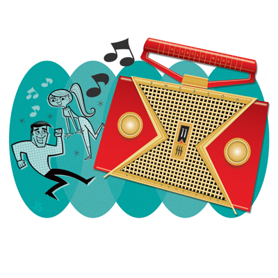 illustration of radio, retro, swingers, dancers, dancing, teens, teenagers, music, songs, speakers, digital, sock hop, greeting card