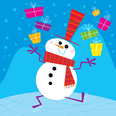 illustration of snowman, christmas, winter, presents, gifts, ice, rink, ice skates, cold, snow, snowflakes, greeting card